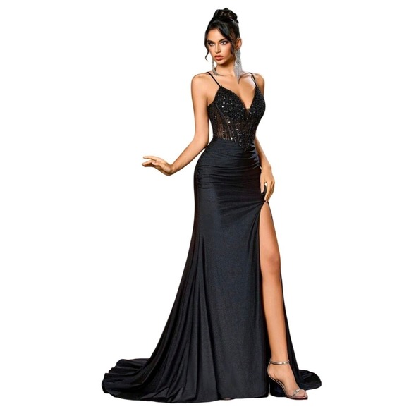 Black Sparkle Corset Slit Gown Formal Evening Special Occasion Size M - Picture 2 of 7